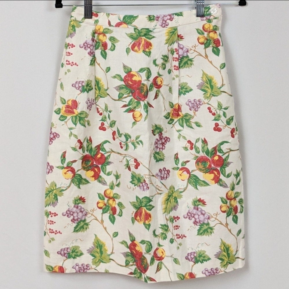 Jennifer Reed Vintage Skirt Linen Blend Retro Botanical Fruit Print White M NWT